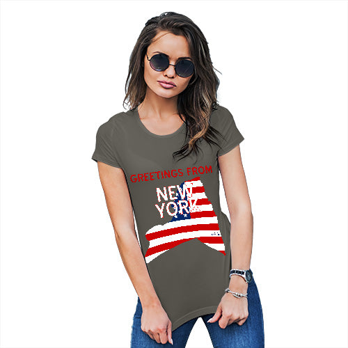 Womens Funny Tshirts Greetings From New York USA Flag Women's T-Shirt Large Khaki