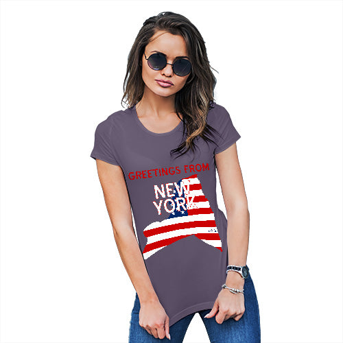 Womens Funny T Shirts Greetings From New York USA Flag Women's T-Shirt X-Large Plum
