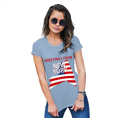 Funny T Shirts For Women Greetings From New York USA Flag Women's T-Shirt X-Large Sky Blue