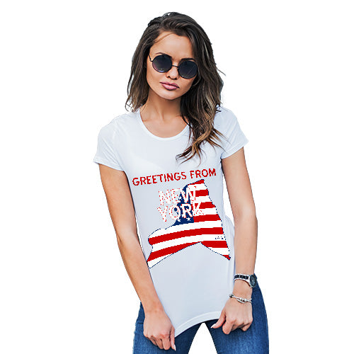 Funny Gifts For Women Greetings From New York USA Flag Women's T-Shirt Large White