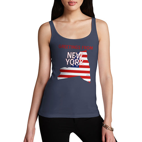 Womens Humor Novelty Graphic Funny Tank Top Greetings From New York USA Flag Women's Tank Top Large Navy