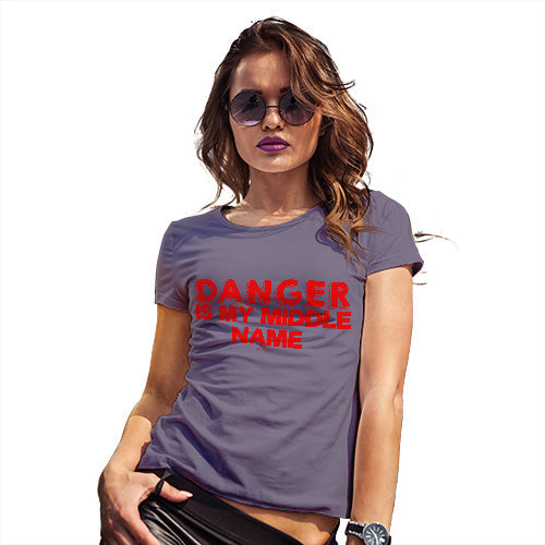 Funny T-Shirts For Women Danger Is My Middle Name Women's T-Shirt Small Plum