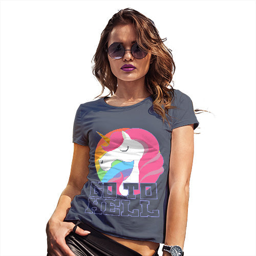 Womens Novelty T Shirt Go To Hell Unicorn Women's T-Shirt Small Navy