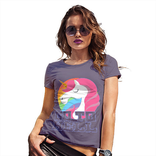 Womens T-Shirt Funny Geek Nerd Hilarious Joke Go To Hell Unicorn Women's T-Shirt Large Plum