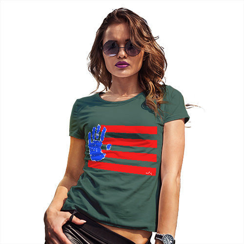 Funny Shirts For Women Hand Print USA 4th July Flag Women's T-Shirt X-Large Bottle Green