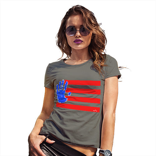 Womens T-Shirt Funny Geek Nerd Hilarious Joke Hand Print USA 4th July Flag Women's T-Shirt X-Large Khaki