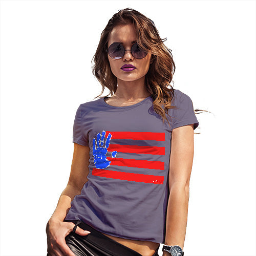 Womens Funny Sarcasm T Shirt Hand Print USA 4th July Flag Women's T-Shirt X-Large Plum
