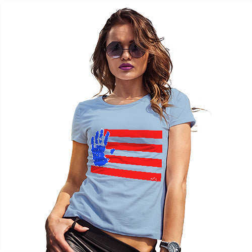 Womens Funny T Shirts Hand Print USA 4th July Flag Women's T-Shirt X-Large Sky Blue