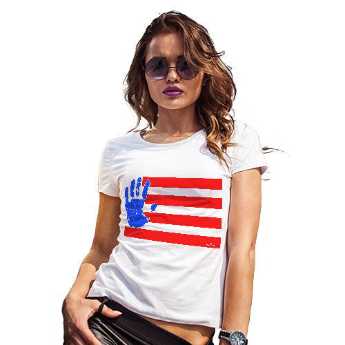 Funny T Shirts For Mum Hand Print USA 4th July Flag Women's T-Shirt X-Large White