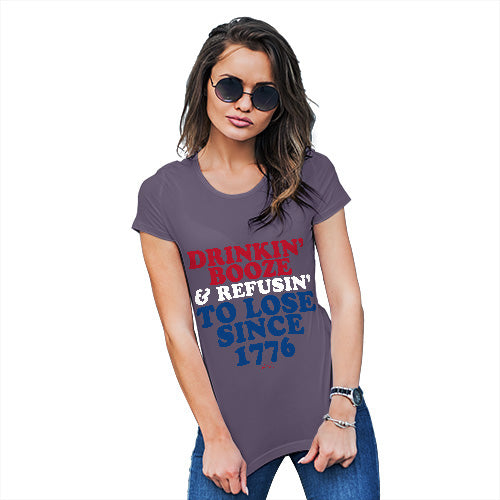 Womens Humor Novelty Graphic Funny T Shirt Drinkin' Booze & Refusin' To Lose Women's T-Shirt Small Plum