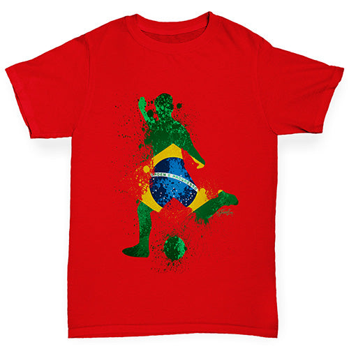 funny t shirts for boys Football Soccer Silhouette Brazil Boy's T-Shirt Age 5-6 Red