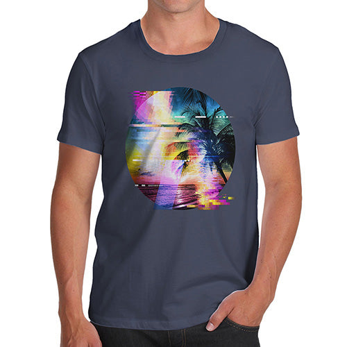 Funny T Shirts For Dad Palm Tree Glitch Art Men's T-Shirt Medium Navy