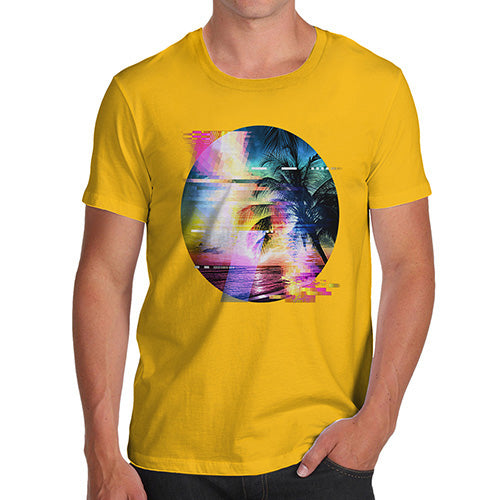 Funny Mens T Shirts Palm Tree Glitch Art Men's T-Shirt Large Yellow