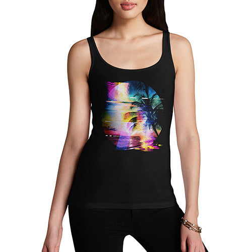 Funny Tank Top For Women Palm Tree Glitch Art Women's Tank Top Small Black