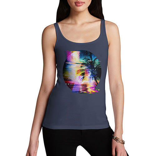 Funny Tank Top For Mom Palm Tree Glitch Art Women's Tank Top Small Navy