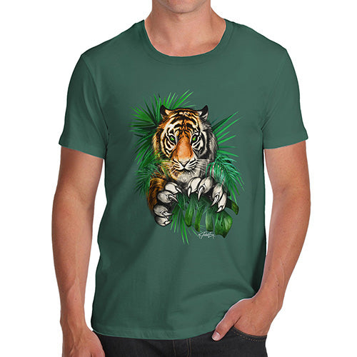 Novelty Tshirts Men Tiger In The Grass Men's T-Shirt Medium Bottle Green