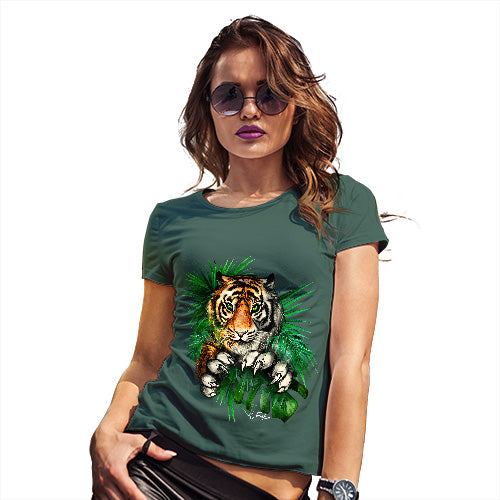 Womens Funny Tshirts Tiger In The Grass Women's T-Shirt Small Bottle Green