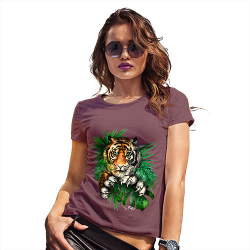 Funny Tshirts For Women Tiger In The Grass Women's T-Shirt Medium Burgundy