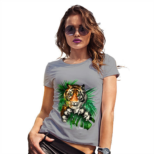 Womens Humor Novelty Graphic Funny T Shirt Tiger In The Grass Women's T-Shirt Small Light Grey