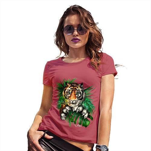 Funny Tee Shirts For Women Tiger In The Grass Women's T-Shirt Large Red
