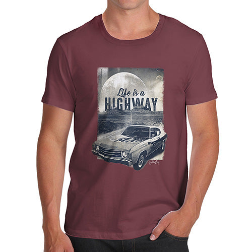 Funny Mens T Shirts Life Is A Highway Men's T-Shirt Large Burgundy