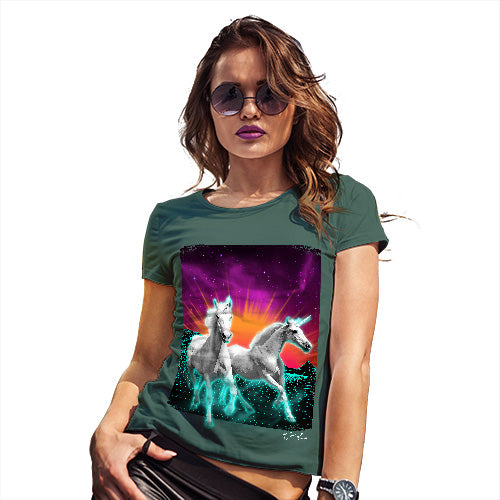 Womens Novelty T Shirt Virtual Reality Unicorns Women's T-Shirt Large Bottle Green