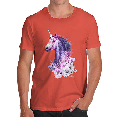 Mens Novelty T Shirt Christmas Pink Unicorn Flowers Men's T-Shirt Small Orange