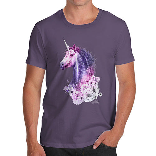 Funny Mens T Shirts Pink Unicorn Flowers Men's T-Shirt Small Plum