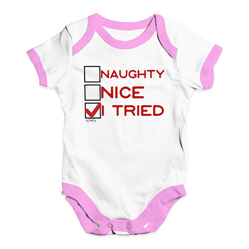 Funny Infant Baby Bodysuit Onesies Naughty Nice I Tried Baby Unisex Baby Grow Bodysuit 0 - 3 Months White Pink Trim