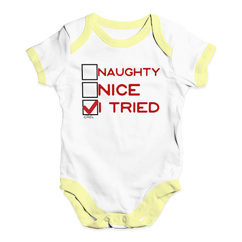 Bodysuit Baby Romper Naughty Nice I Tried Baby Unisex Baby Grow Bodysuit 6 - 12 Months White Yellow Trim