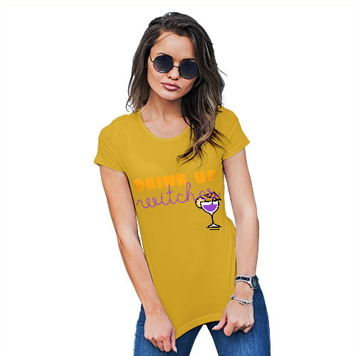 Womens T-Shirt Funny Geek Nerd Hilarious Joke Drink Up Witches Women's T-Shirt Medium Yellow