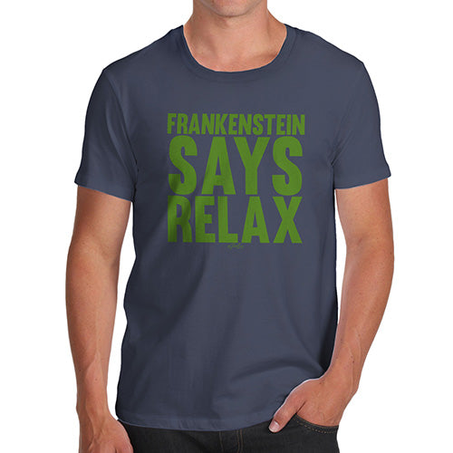 Mens Novelty T Shirt Christmas Frankenstein Says Relax Men's T-Shirt X-Large Navy