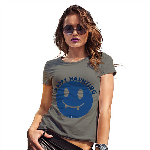 Womens Humor Novelty Graphic Funny T Shirt Happy Haunting Women's T-Shirt Large Khaki