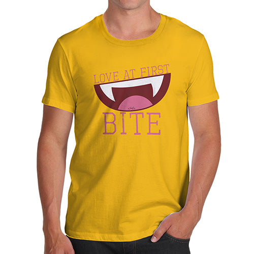 Novelty T Shirts For Dad Love At First Bite Men's T-Shirt Large Yellow