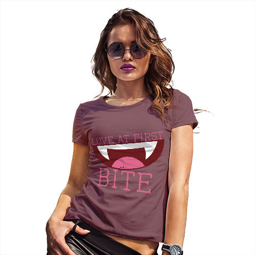 Novelty Tshirts Women Love At First Bite Women's T-Shirt Large Burgundy
