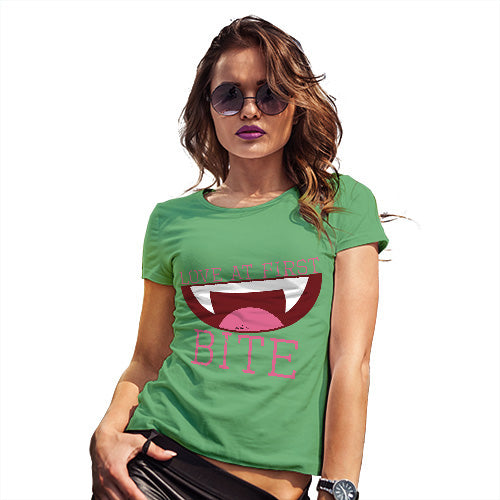 Womens Funny Sarcasm T Shirt Love At First Bite Women's T-Shirt X-Large Green