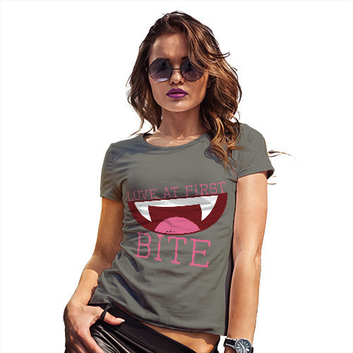 Novelty Tshirts Women Love At First Bite Women's T-Shirt X-Large Khaki