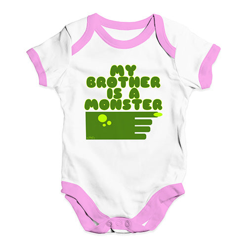 Babygrow Baby Romper My Brother Is A Monster Baby Unisex Baby Grow Bodysuit 12 - 18 Months White Pink Trim