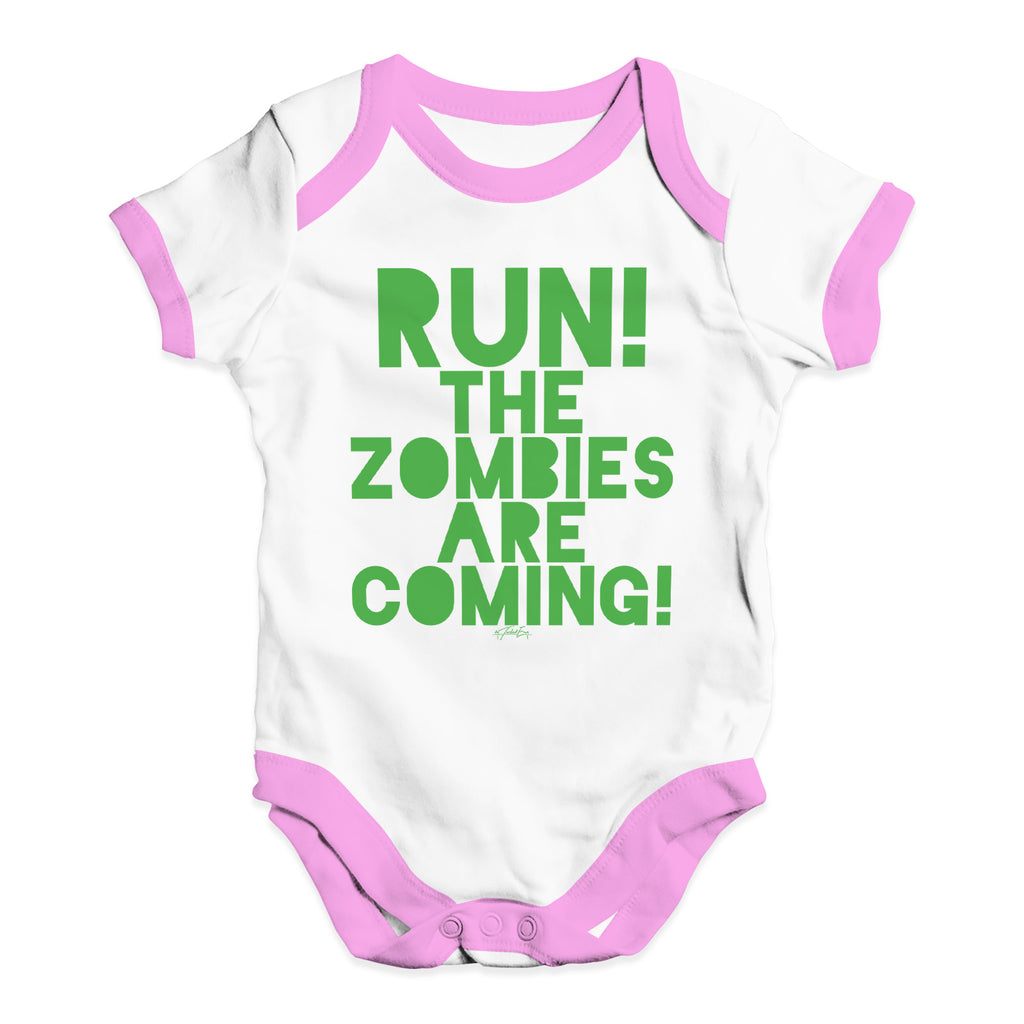 Baby Grow Baby Romper Run The Zombies Are Coming Baby Unisex Baby Grow Bodysuit 12 - 18 Months White Pink Trim