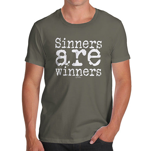 Mens T-Shirt Funny Geek Nerd Hilarious Joke Sinners Are Winners Men's T-Shirt Large Khaki