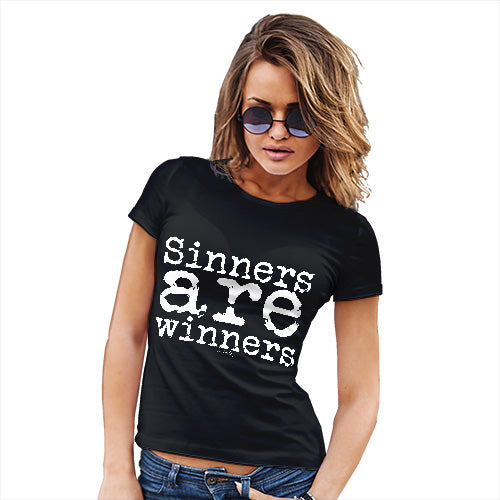 Funny Tee Shirts For Women Sinners Are Winners Women's T-Shirt Large Black