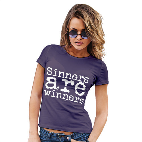 Novelty Tshirts Women Sinners Are Winners Women's T-Shirt Medium Plum
