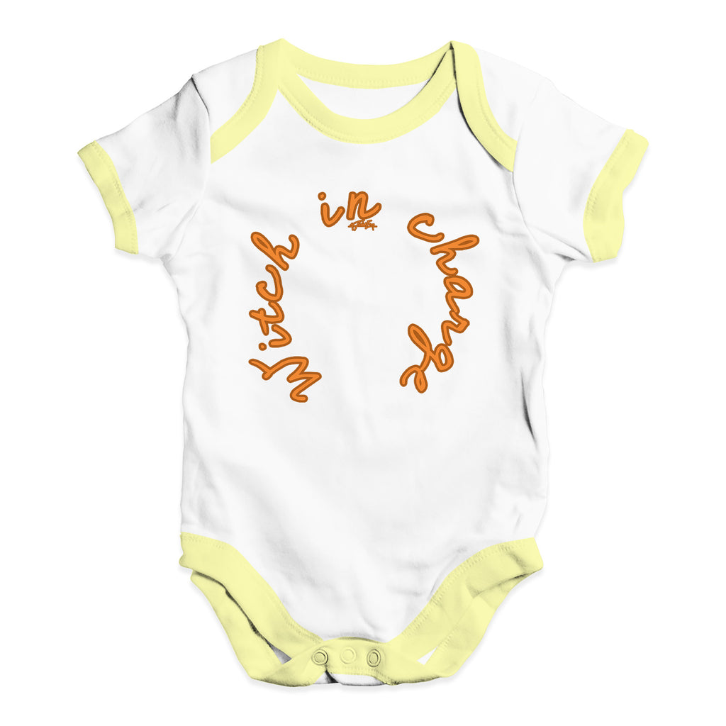 Babygrow Baby Romper Witch In Charge Baby Unisex Baby Grow Bodysuit New Born White Yellow Trim