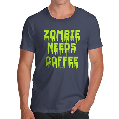 Mens Humor Novelty Graphic Sarcasm Funny T Shirt Zombie Needs Coffee Men's T-Shirt Large Navy