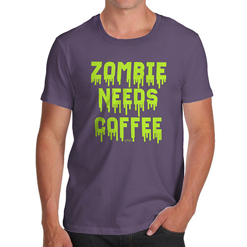 Novelty Tshirts Men Funny Zombie Needs Coffee Men's T-Shirt Medium Plum