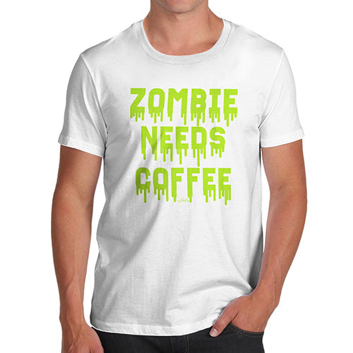 Funny Mens T Shirts Zombie Needs Coffee Men's T-Shirt X-Large White