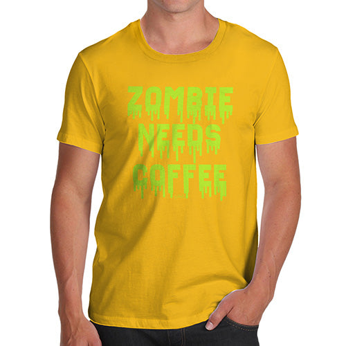 Mens Humor Novelty Graphic Sarcasm Funny T Shirt Zombie Needs Coffee Men's T-Shirt Large Yellow