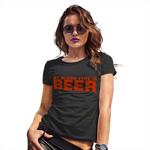 Womens Novelty T Shirt My Blood Type Is Beer Women's T-Shirt X-Large Black