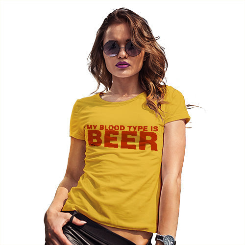 Novelty Tshirts Women My Blood Type Is Beer Women's T-Shirt Medium Yellow