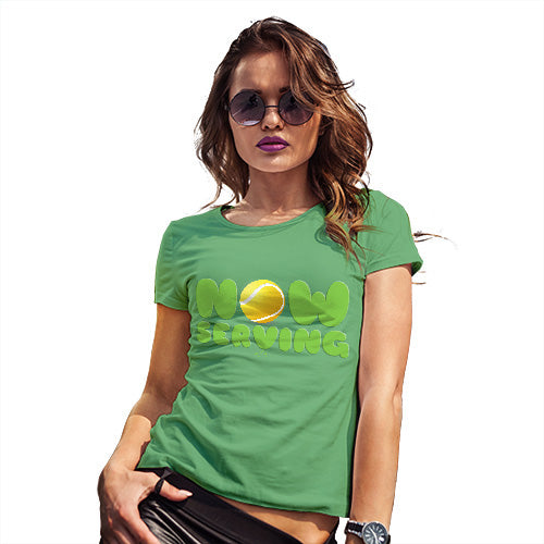 Novelty Tshirts Women Now Serving Tennis Women's T-Shirt Small Green